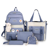 5pcs Aesthetic Backpack Set for School Teens Girls Daypack Cute Trendy Large Capacity Preppy Shoulder Bag, Blue